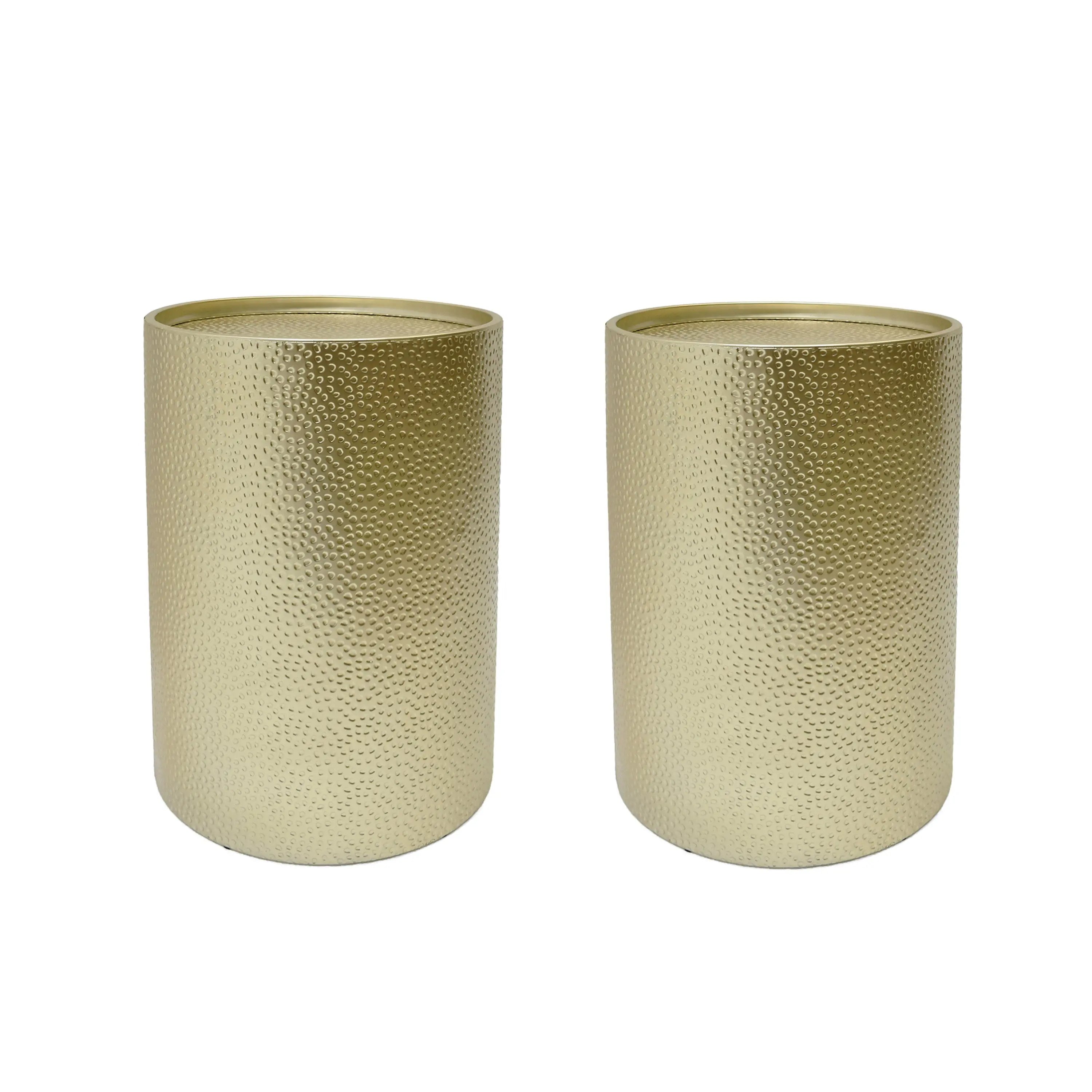 Set of Two Hammered Gold Iron Round Drum End Tables Homeroots Living Room