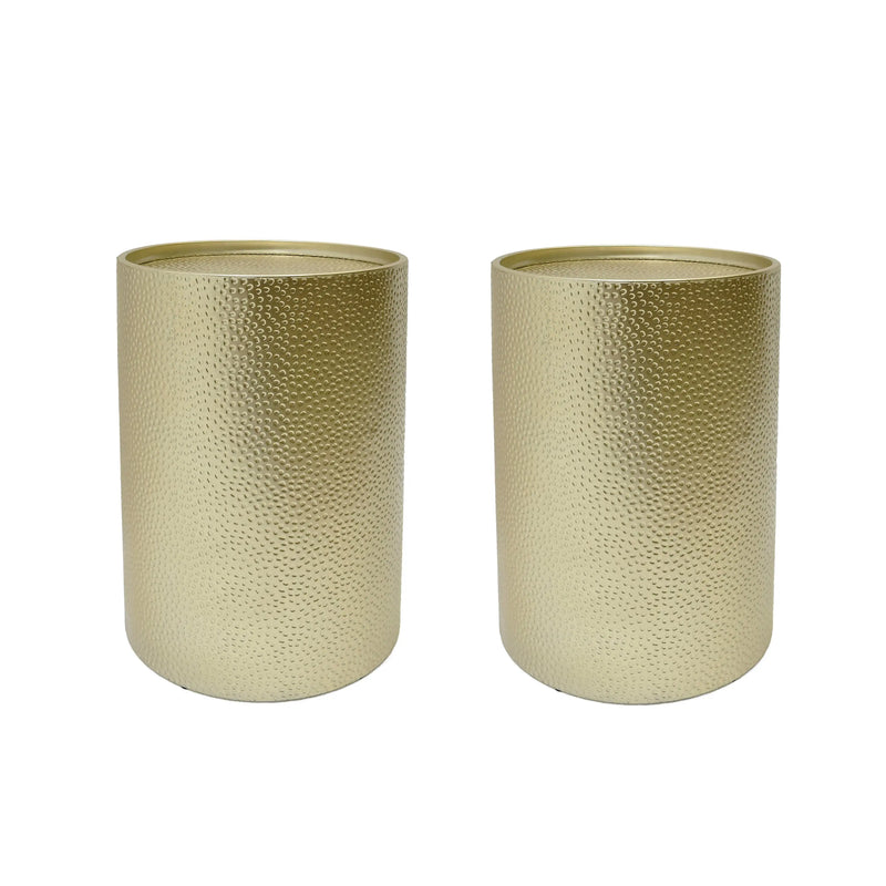 Set of Two Hammered Gold Iron Round Drum End Tables Homeroots Living Room