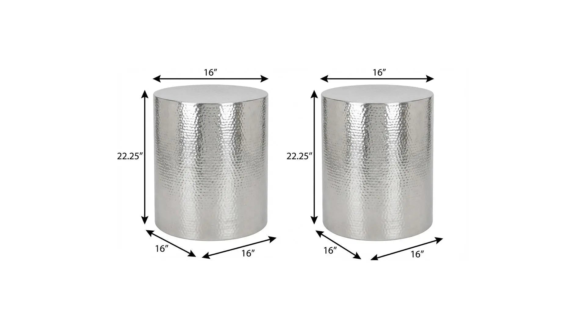 Shiny silver hammered metal side table, 22.25” height, 16” diameter, modern accent piece for any room.