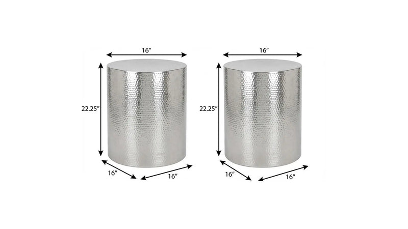 Shiny silver hammered metal side table, 22.25” height, 16” diameter, modern accent piece for any room.