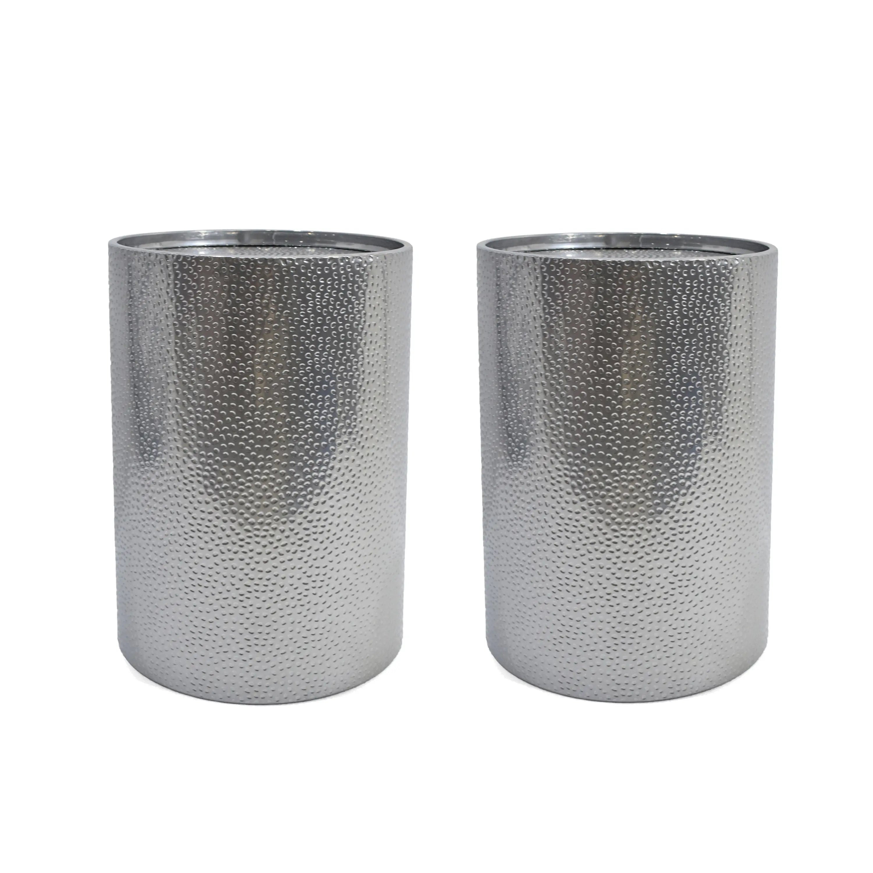 Set of two silver metallic textured vases, modern design with a sleek finish, perfect for contemporary decor.