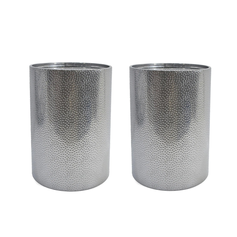Set of two silver metallic textured vases, modern design with a sleek finish, perfect for contemporary decor.