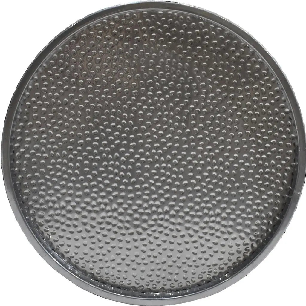 Silver hammered round metal tray, perfect for serving or decoration, adds elegance to any table setting.