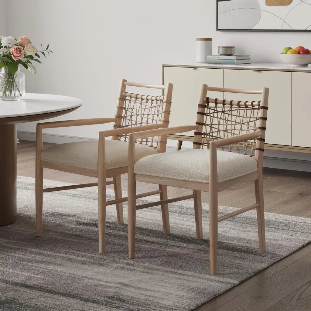 Set of Two Ivory and White Upholstered Open Back Dining Arm Chairs Homeroots Kitchen & Dining