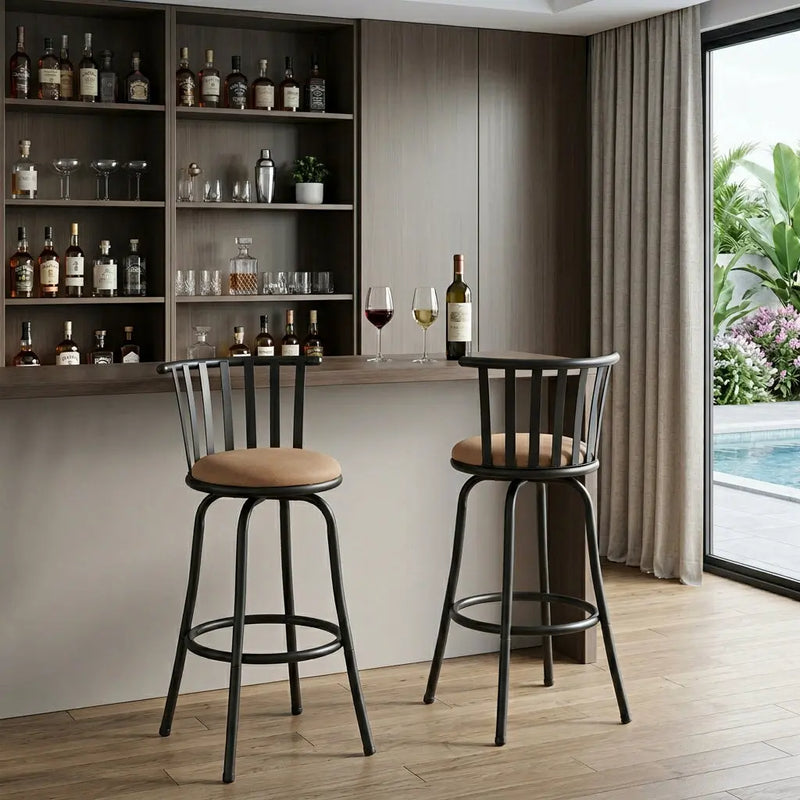 Set of Two Khaki and Black Suede Faux Leather and Iron Low Back Adjustable Height Swivel Bar Chairs Homeroots Living Room