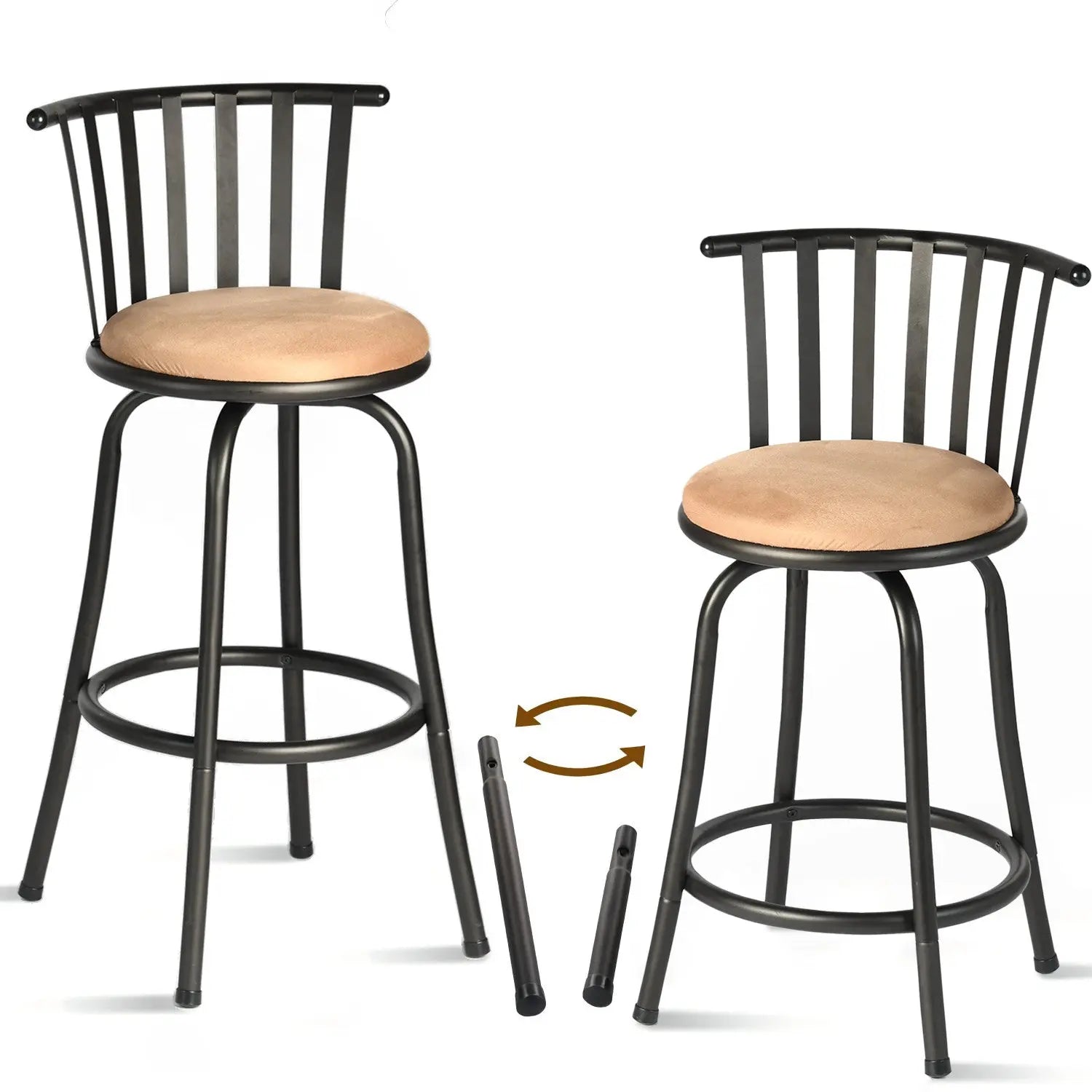 Set of Two Khaki and Black Suede Faux Leather and Iron Low Back Adjustable Height Swivel Bar Chairs Homeroots Living Room