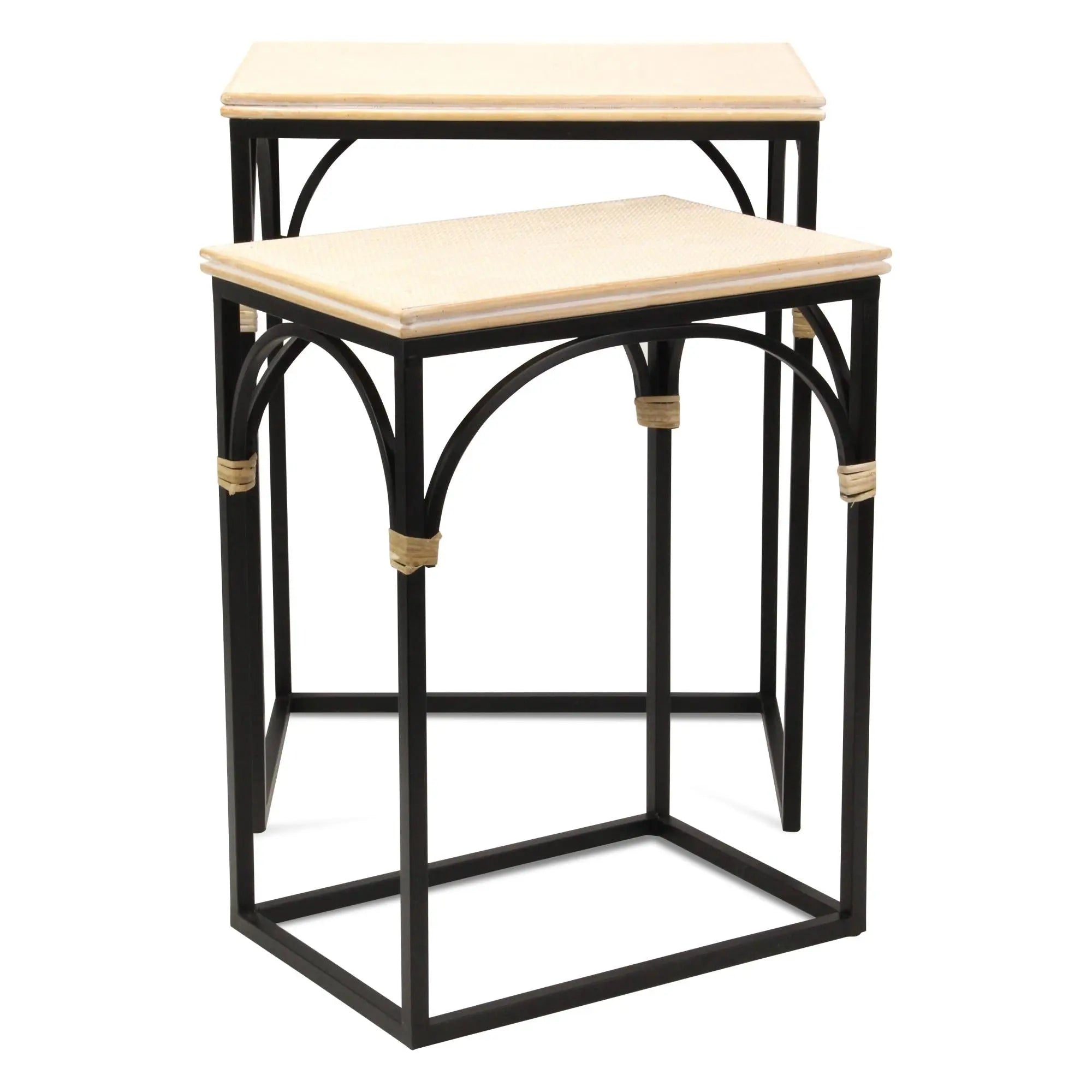 Set of Two Light Brown and Black Distressed Solid Wood and Steel Frame Nested Tables Homeroots Living Room