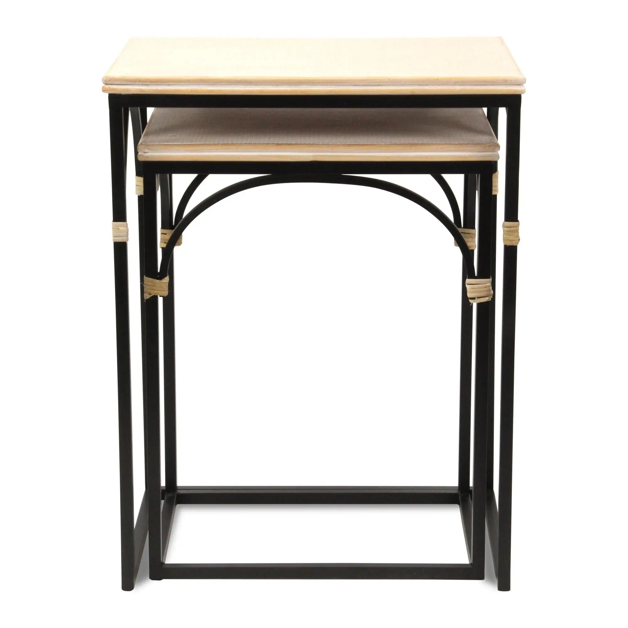 Set of Two Light Brown and Black Distressed Solid Wood and Steel Frame Nested Tables Homeroots Living Room