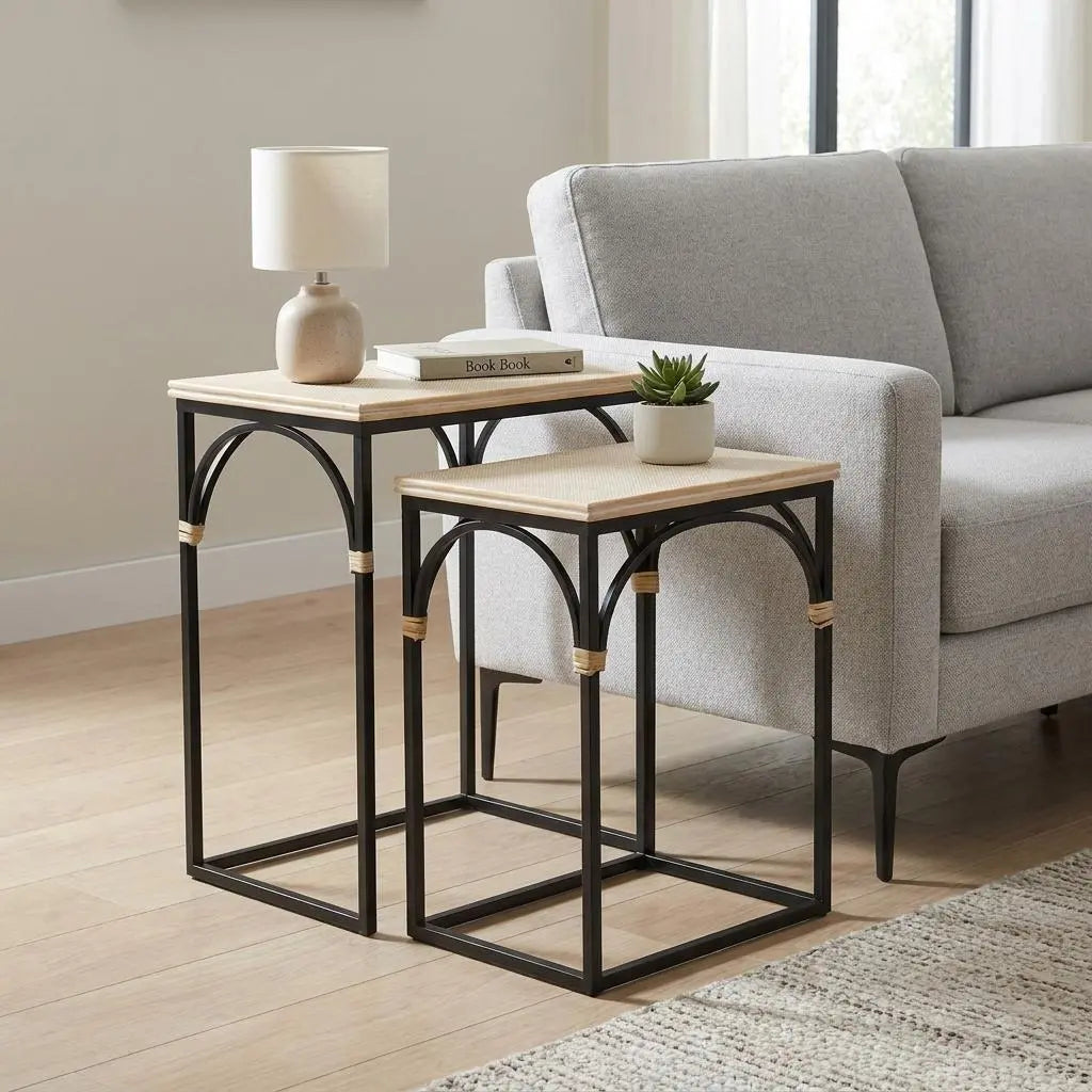 Set of Two Light Brown and Black Distressed Solid Wood and Steel Frame Nested Tables Homeroots Living Room