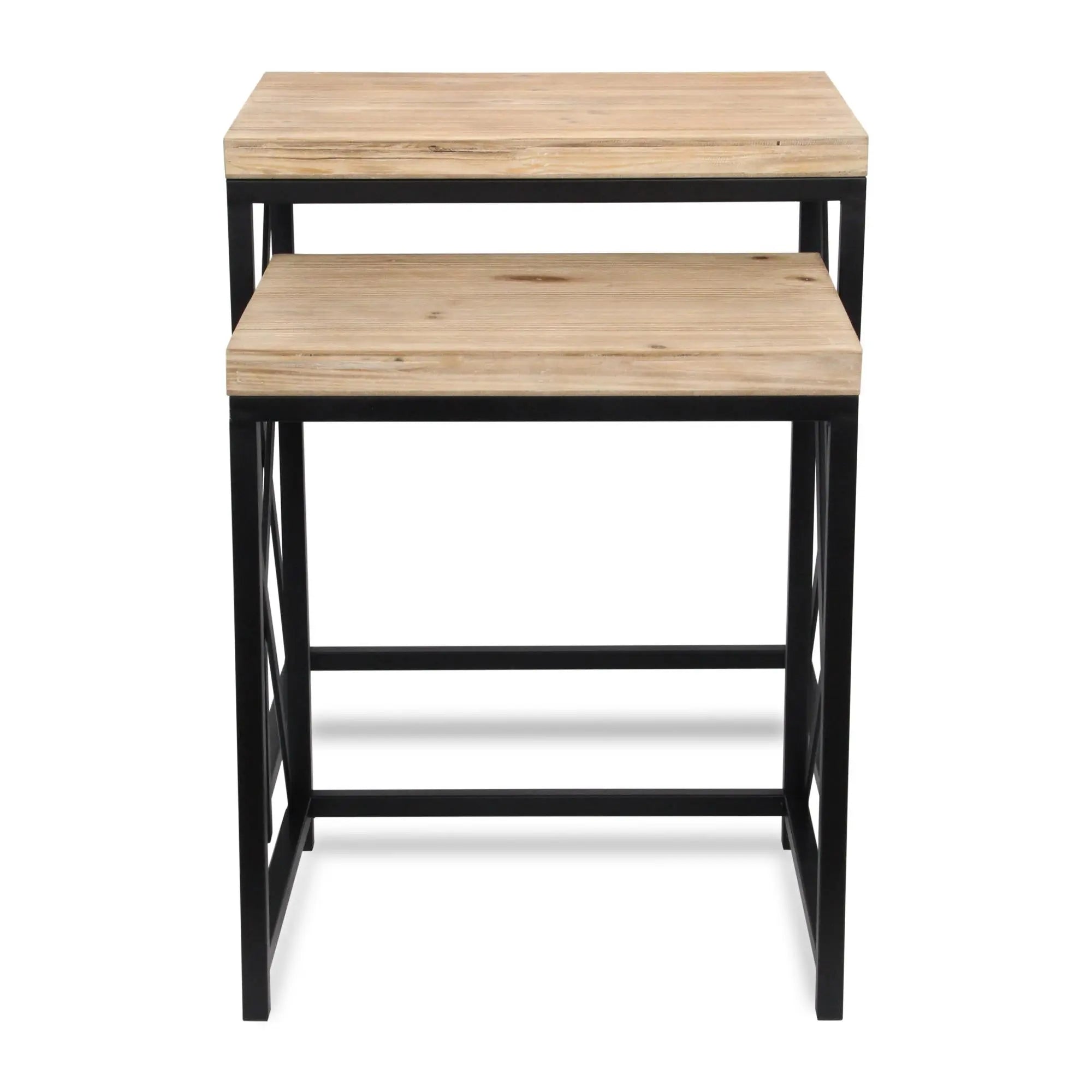 Set of Two Light Brown and Black Distressed Solid Wood and Steel Nested Tables Homeroots Living Room