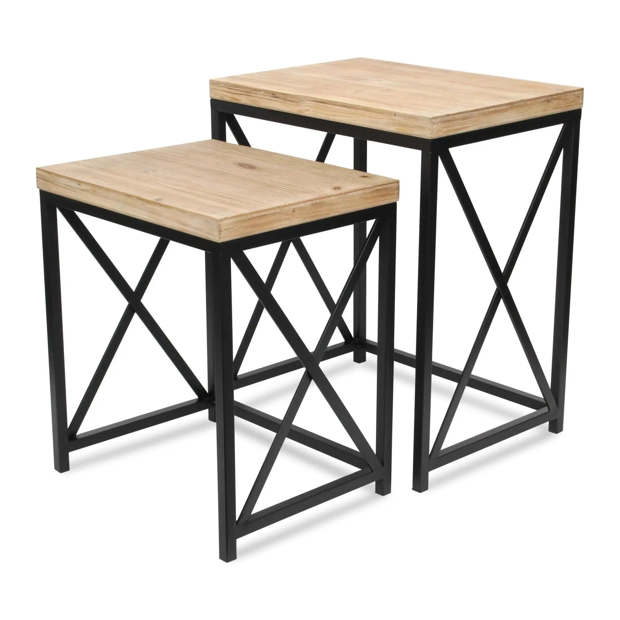 Set of Two Light Brown and Black Distressed Solid Wood and Steel Nested Tables Homeroots Living Room