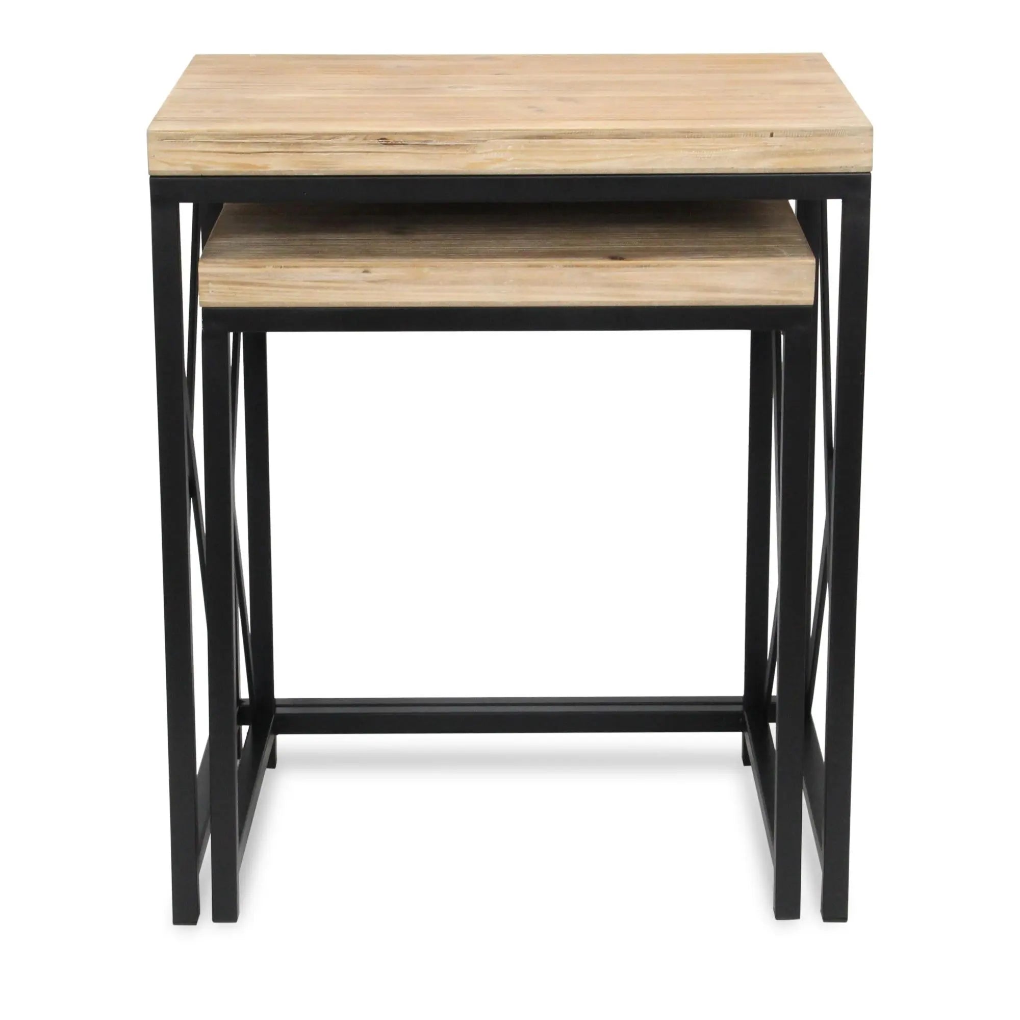 Set of Two Light Brown and Black Distressed Solid Wood and Steel Nested Tables Homeroots Living Room