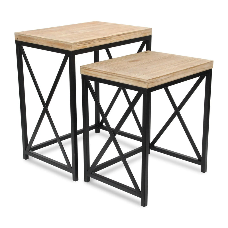 Set of Two Light Brown and Black Distressed Solid Wood and Steel Nested Tables Homeroots Living Room