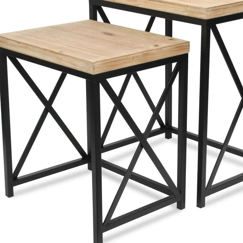 Set of Two Light Brown and Black Distressed Solid Wood and Steel Nested Tables Homeroots Living Room