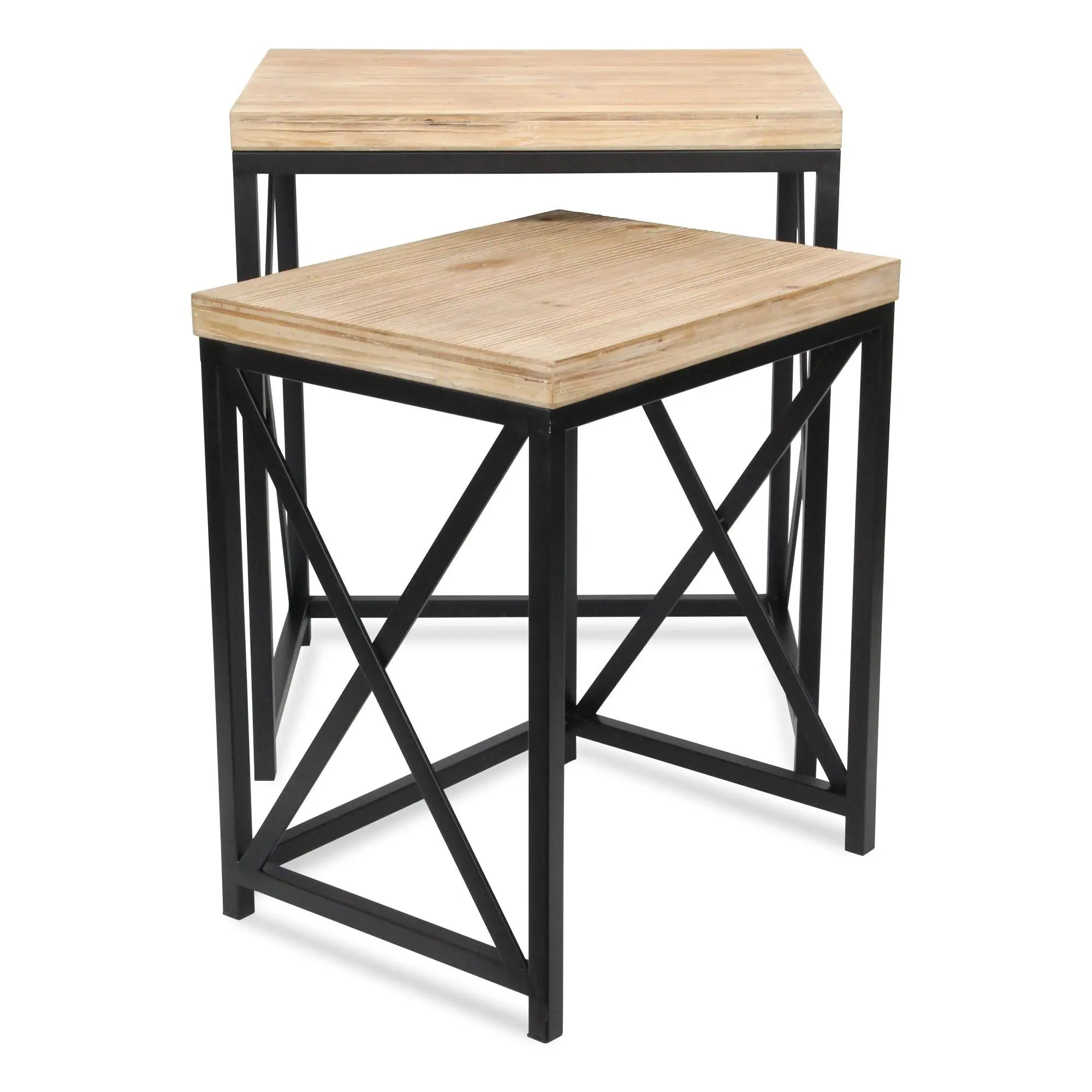 Set of Two Light Brown and Black Distressed Solid Wood and Steel Nested Tables Homeroots Living Room