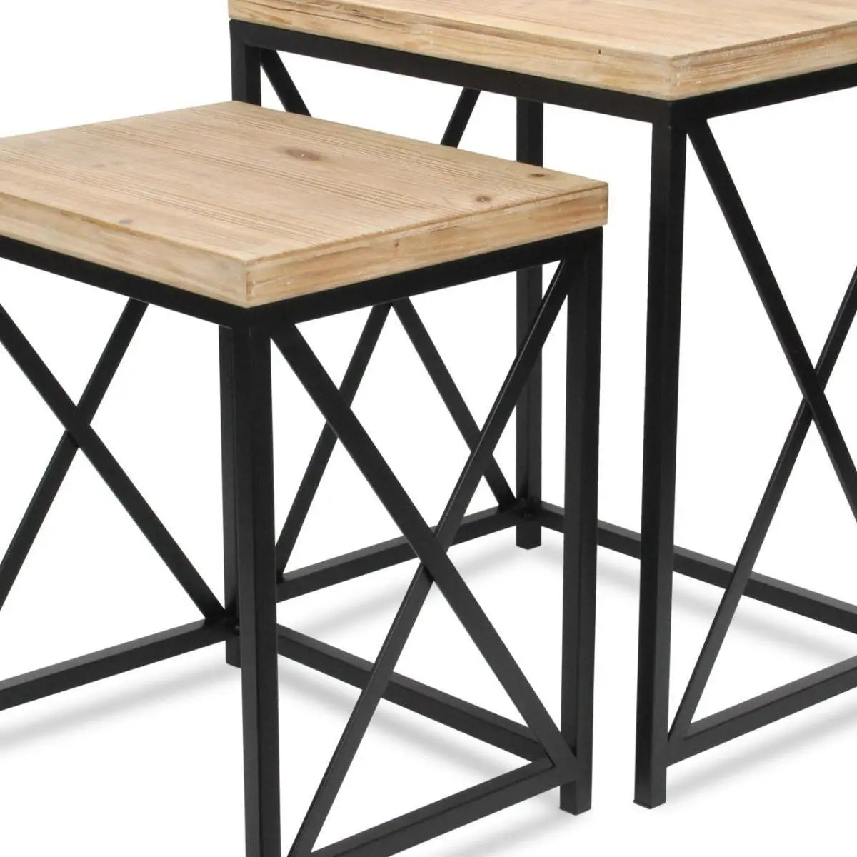 Set of Two Light Brown and Black Distressed Solid Wood and Steel Nested Tables Homeroots Living Room