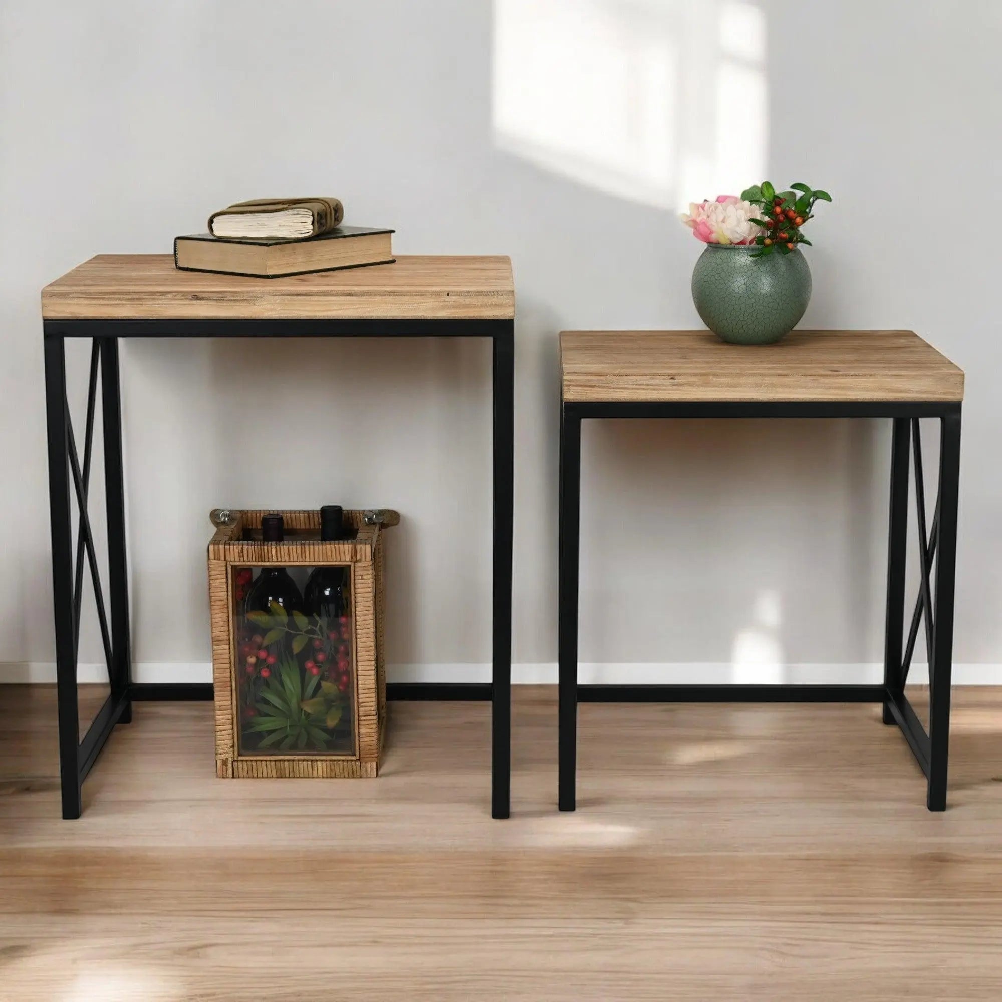 Set of Two Light Brown and Black Distressed Solid Wood and Steel Nested Tables Homeroots Living Room