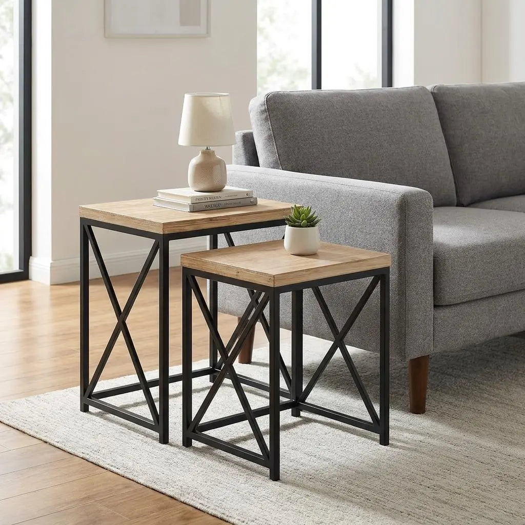 Set of Two Light Brown and Black Distressed Solid Wood and Steel Nested Tables Homeroots Living Room
