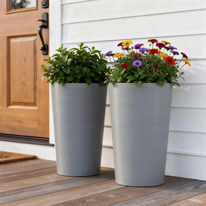 Set of Two Light Gray Heavy Duty Plastic Cylindrical Planter Pots Homeroots Outdoor