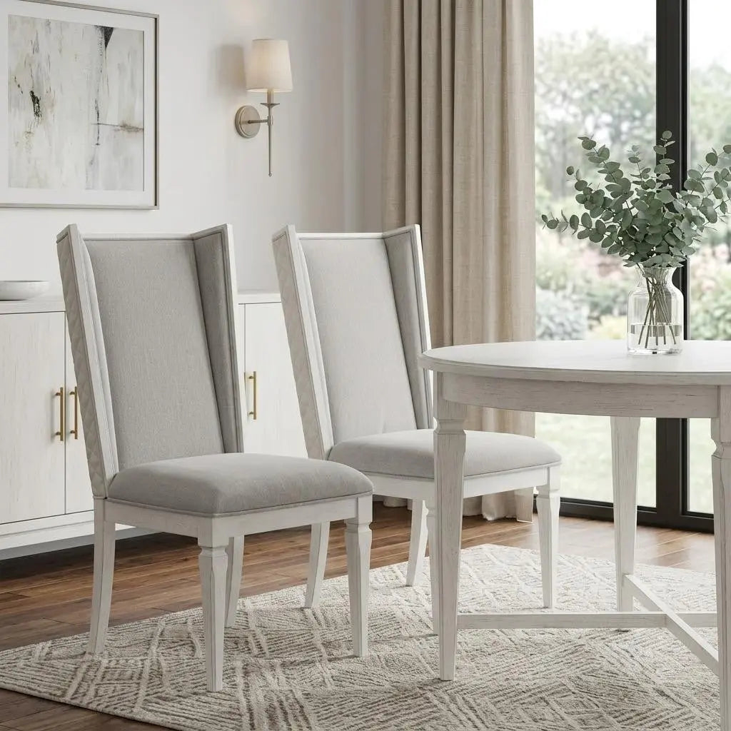 Set of Two Light Gray and White Linen Open Back Dining Side Chairs Homeroots Kitchen & Dining