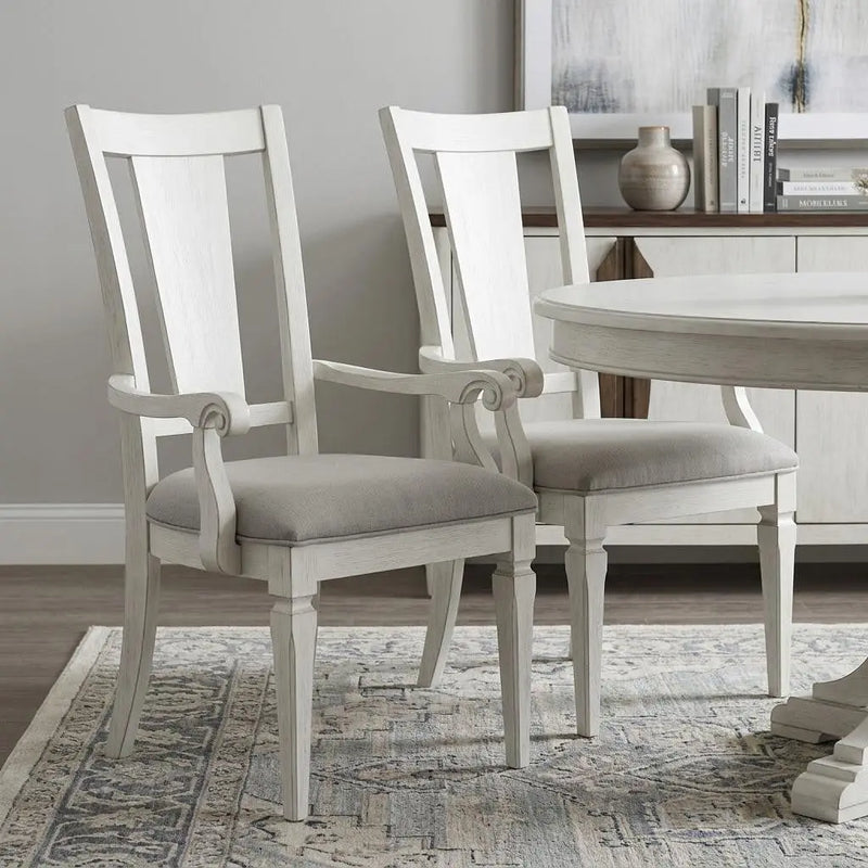 Set of Two Light Gray and White Upholstered Linen And Solid Wood Open Back Dining Arm Chairs Homeroots Kitchen & Dining