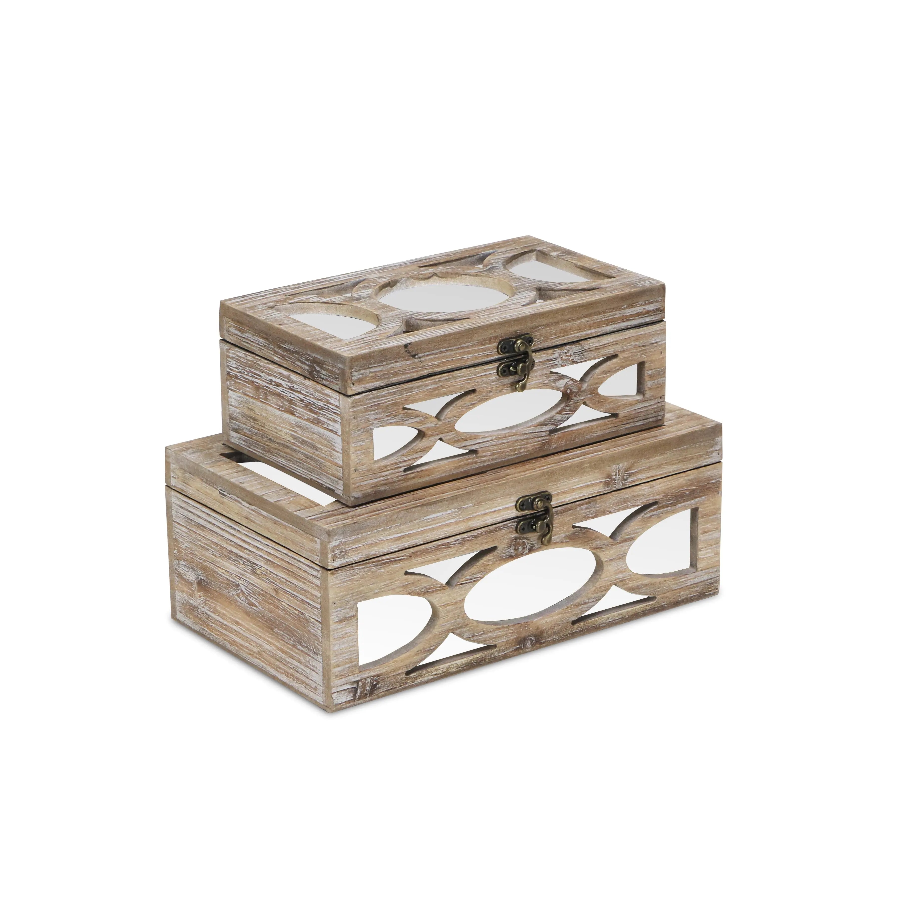 Set of Two Natural And White Nesting Solid Wood And Mirrored Glass Organizing Box With Lid Homeroots Office