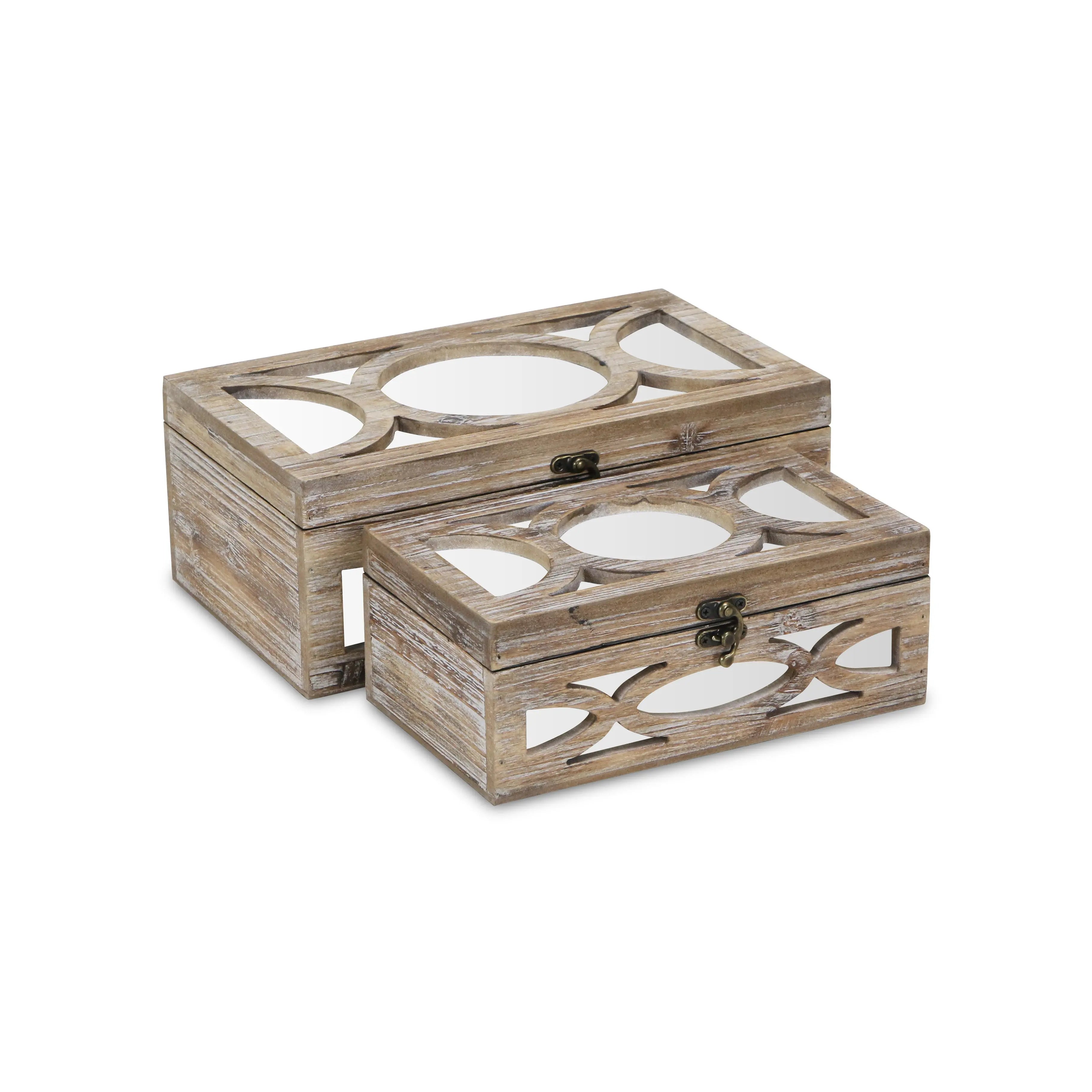 Set of Two Natural And White Nesting Solid Wood And Mirrored Glass Organizing Box With Lid Homeroots Office