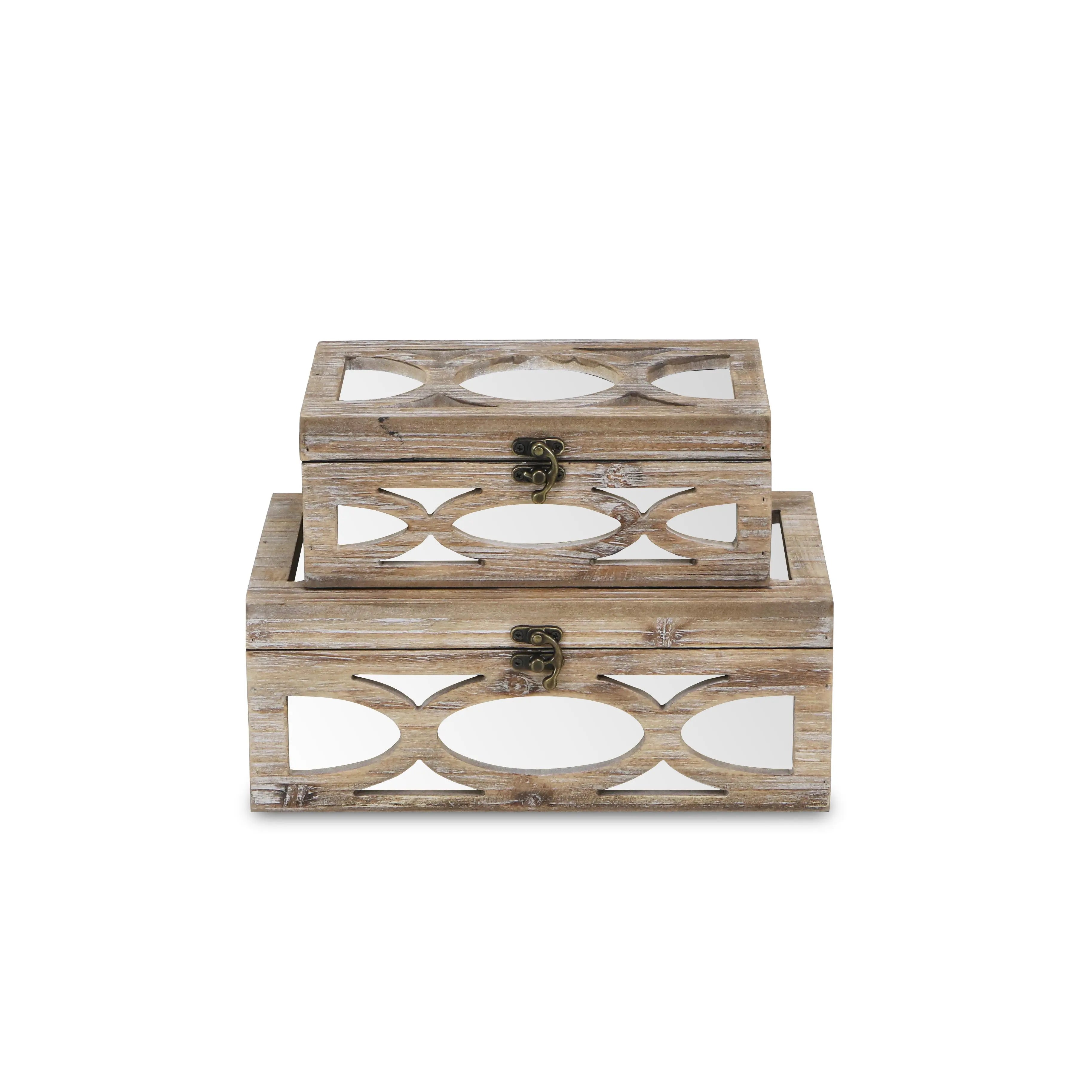 Set of Two Natural And White Nesting Solid Wood And Mirrored Glass Organizing Box With Lid Homeroots Office