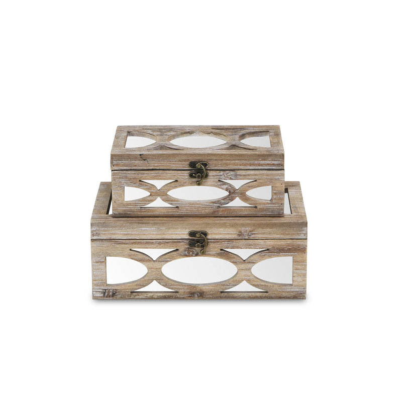 Set of Two Natural And White Nesting Solid Wood And Mirrored Glass Organizing Box With Lid Homeroots Office