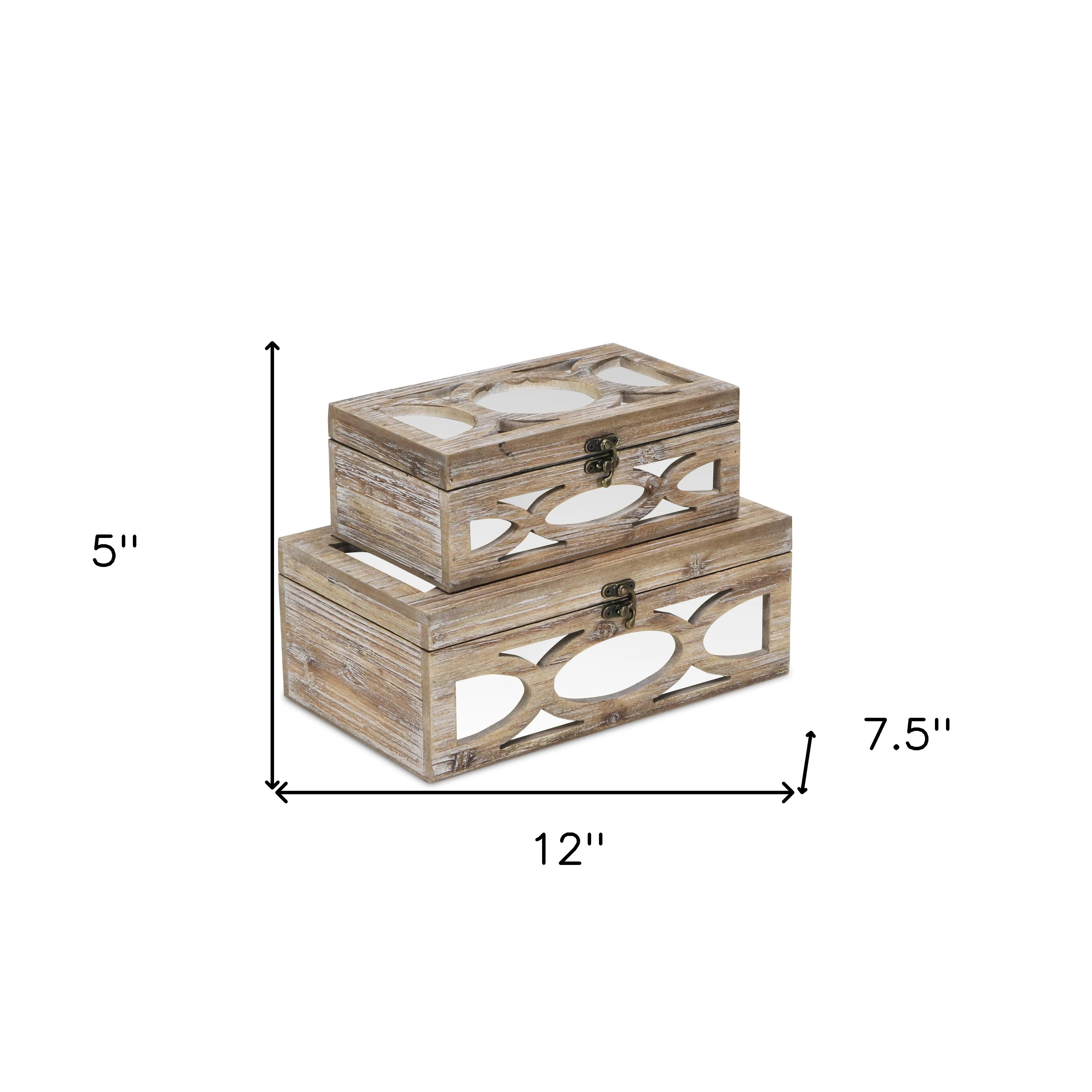 Set of Two Natural And White Nesting Solid Wood And Mirrored Glass Organizing Box With Lid Homeroots Office