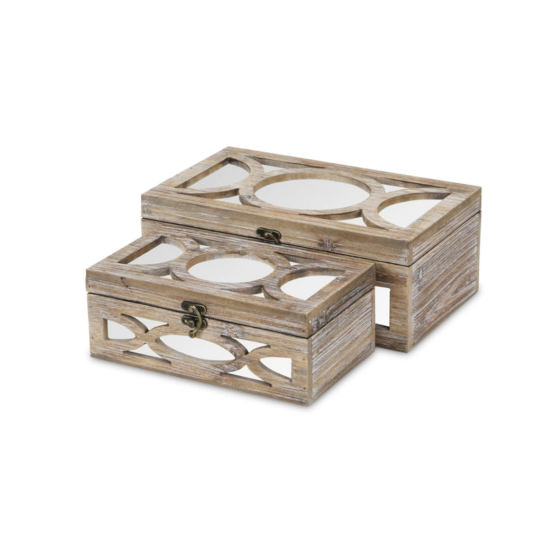 Set of Two Natural And White Nesting Solid Wood And Mirrored Glass Organizing Box With Lid Homeroots Office