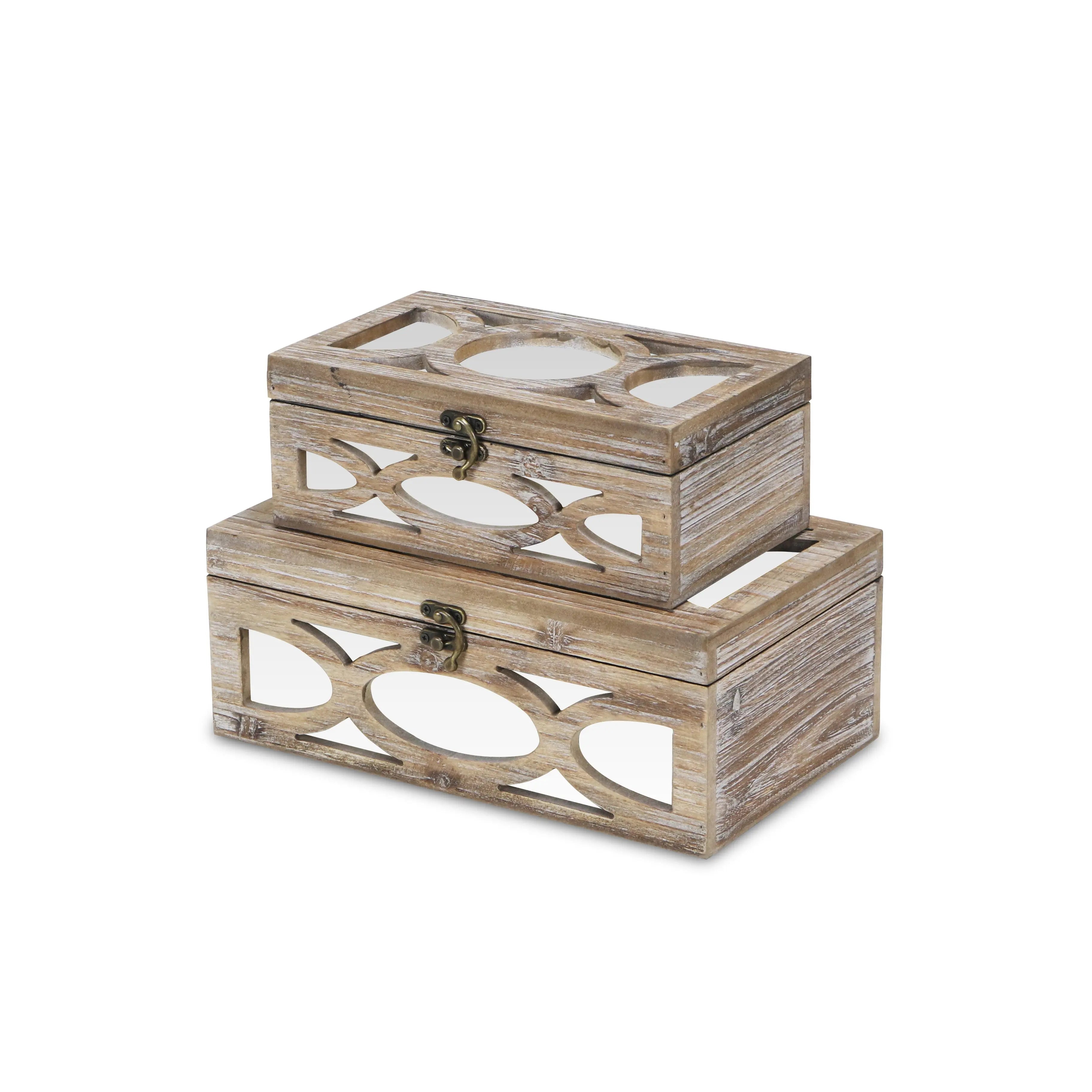 Set of Two Natural And White Nesting Solid Wood And Mirrored Glass Organizing Box With Lid Homeroots Office