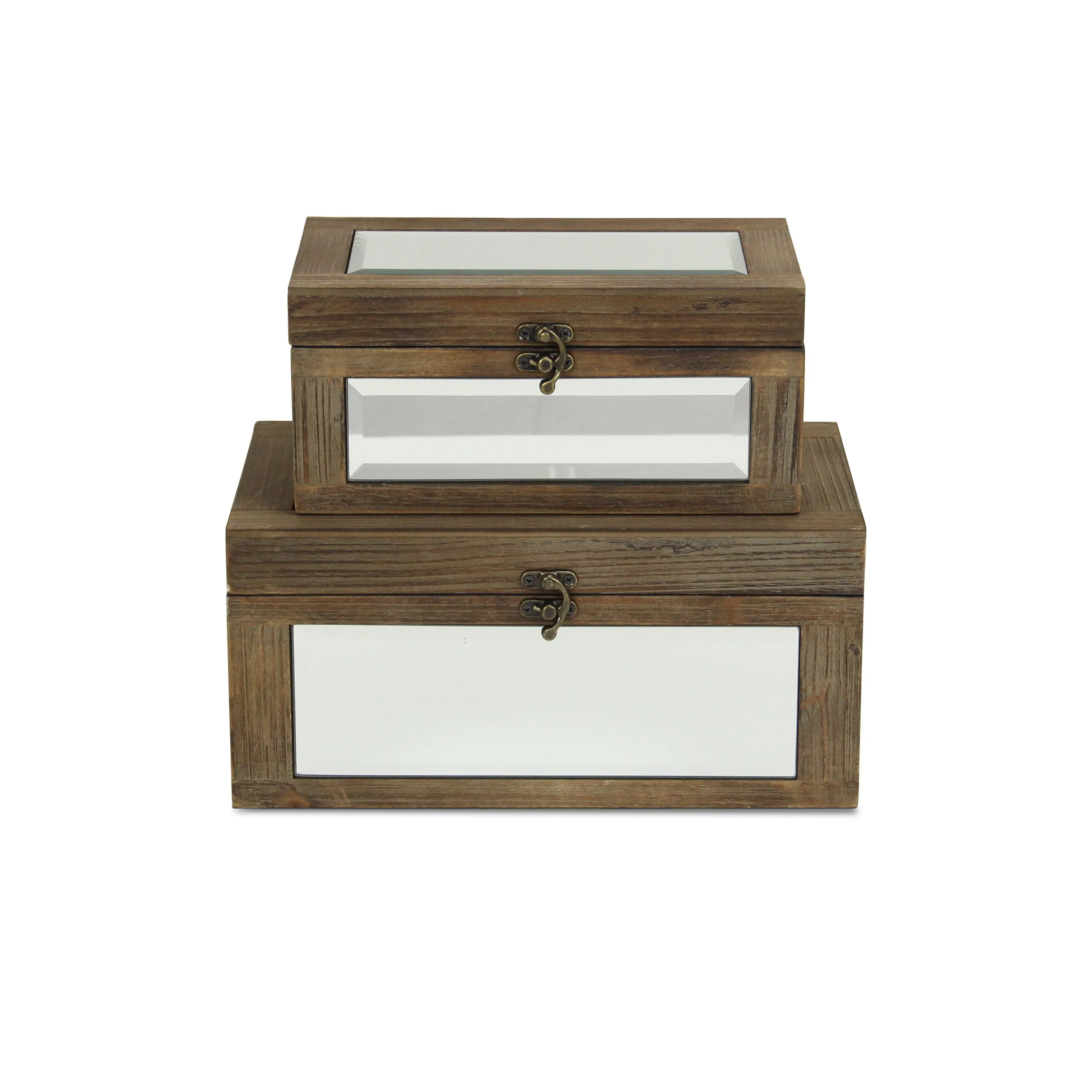 Rustic wooden storage boxes set with glass tops and metal clasps, available in a rich brown finish.