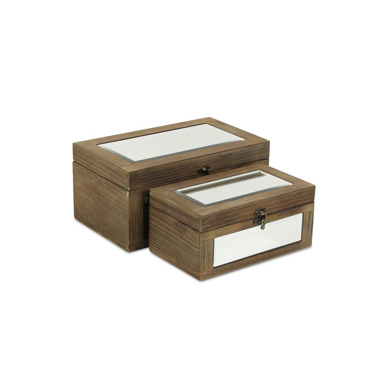 Set of two rustic brown wooden storage boxes with glass tops and metal clasps, perfect for organizing and displaying items.