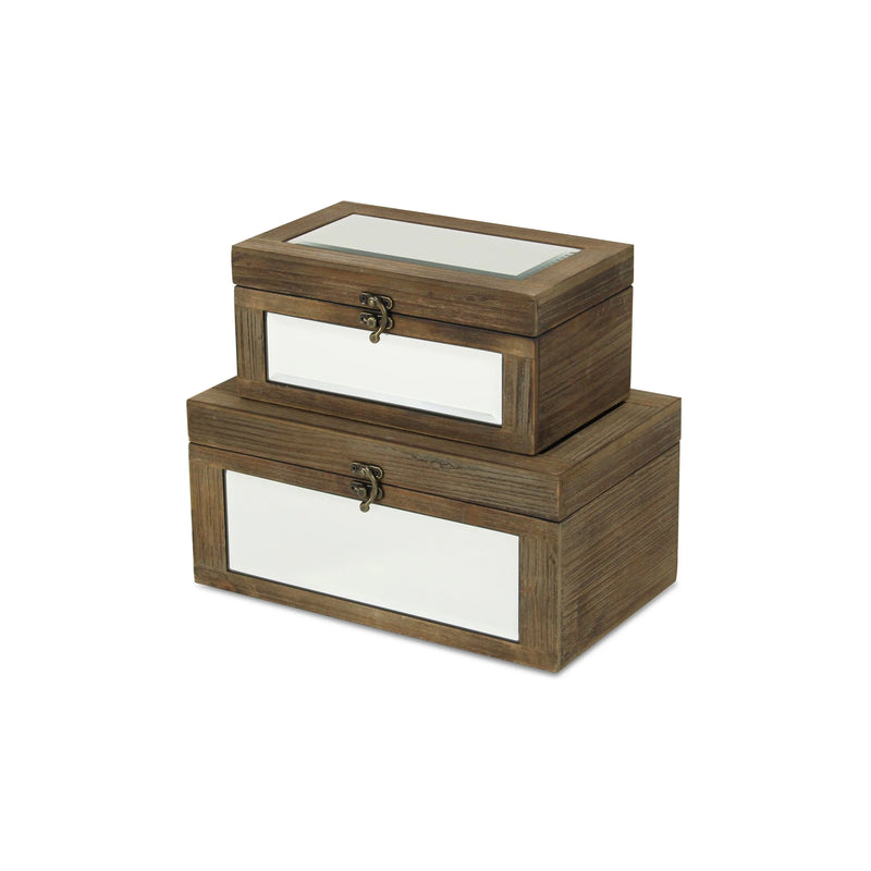 Rustic brown wooden storage boxes with glass top and metal clasp, set of two, perfect for organizing and decorating.