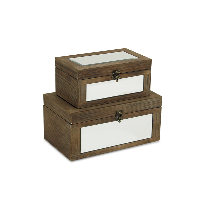 Set of 2 vintage-style wooden storage boxes with mirrored lids, brown finish, perfect for organizing home decor.