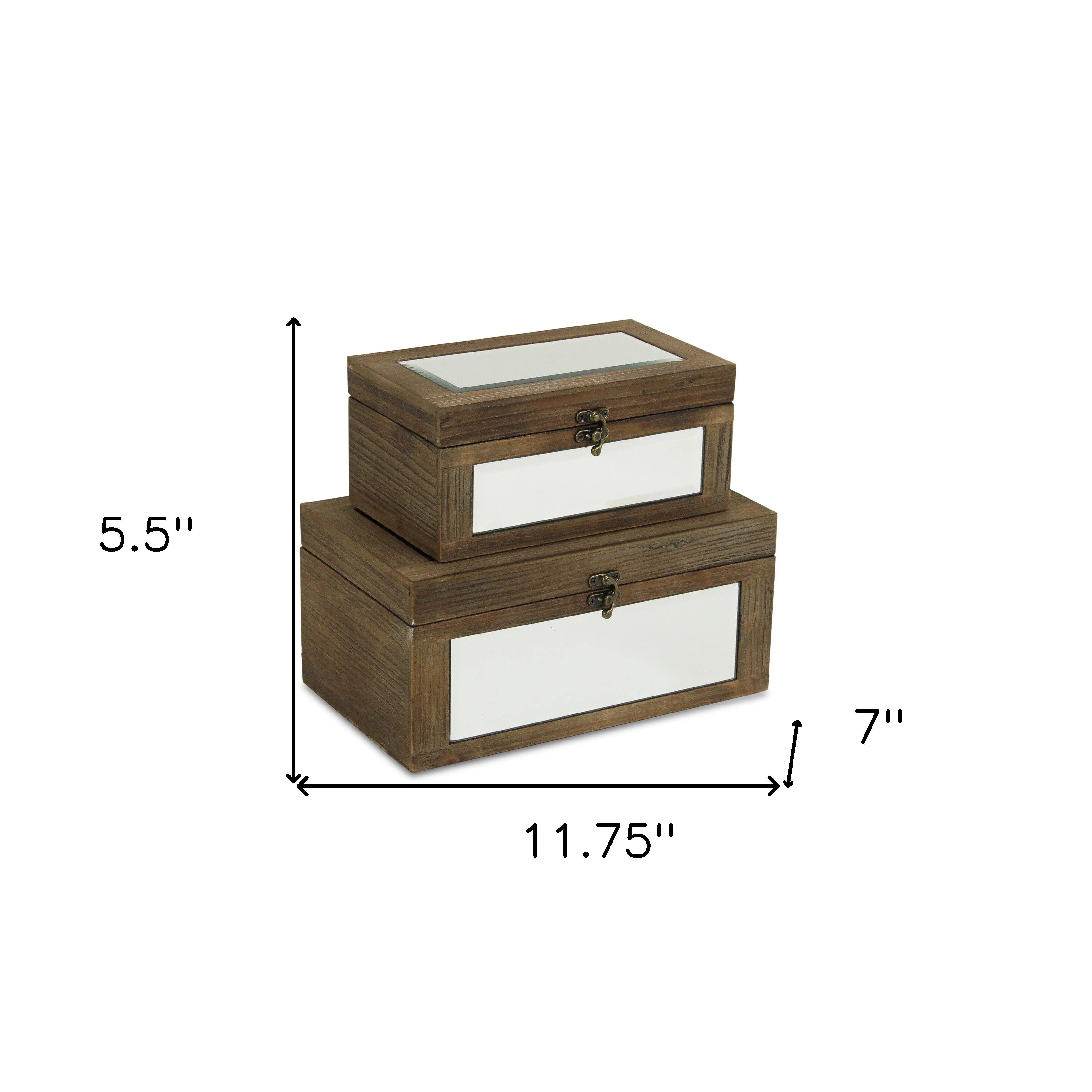 Set of 2 rustic brown wooden storage boxes with mirrored fronts, dimensions: 11.75" x 5.5" and 11.75" x 7".