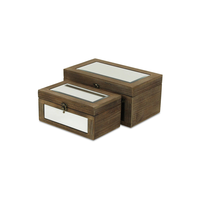 Set of two vintage-style wooden storage boxes with glass lids, featuring a rustic brown finish.