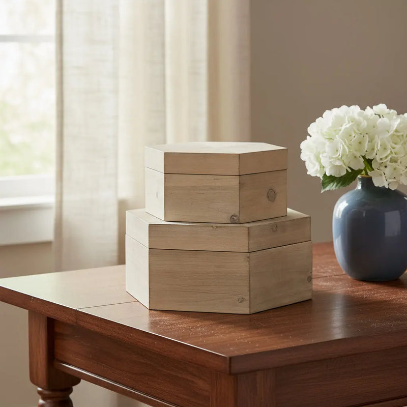Set of Two Natural Solid Wood Box With Lid Homeroots Office