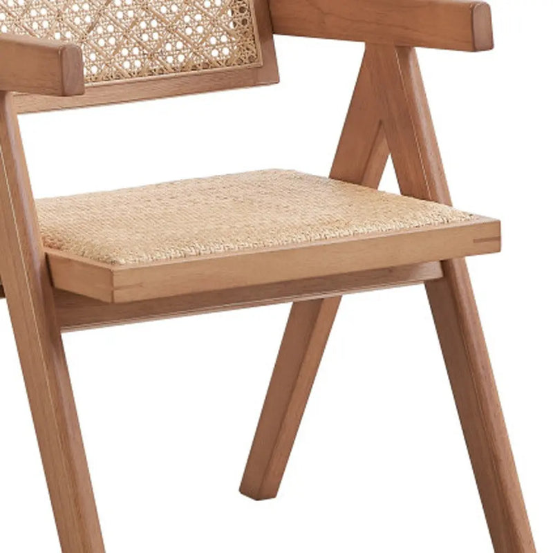 Set of Two Natural Solid Wood and Rattan Open Back Dining Arm Chairs Homeroots Kitchen & Dining
