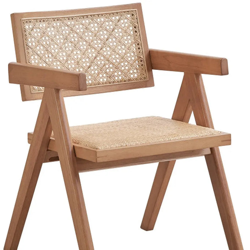 Set of Two Natural Solid Wood and Rattan Open Back Dining Arm Chairs Homeroots Kitchen & Dining