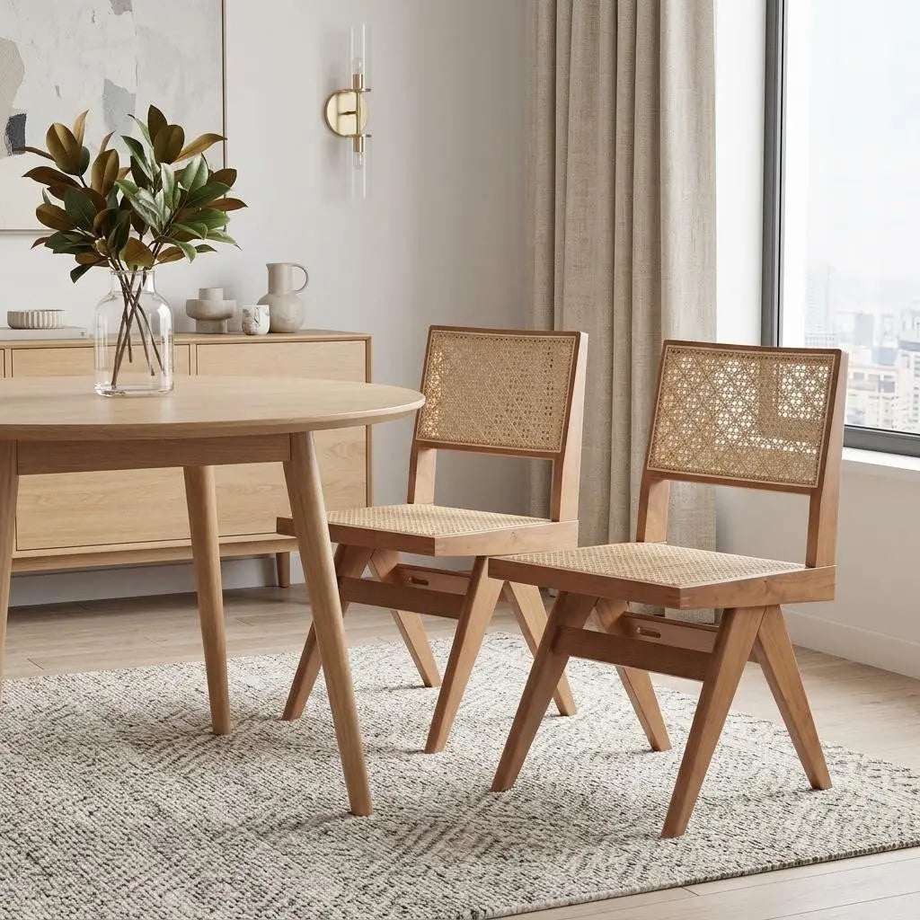 Set of Two Natural Solid Wood and Rattan Open Back Dining Side Chairs Homeroots Kitchen & Dining