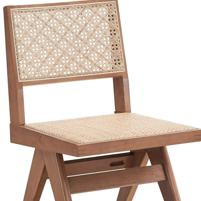 Set of Two Natural Solid Wood and Rattan Open Back Dining Side Chairs Homeroots Kitchen & Dining