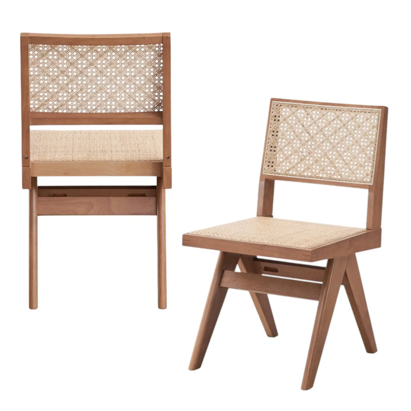 Set of Two Natural Solid Wood and Rattan Open Back Dining Side Chairs Homeroots Kitchen & Dining