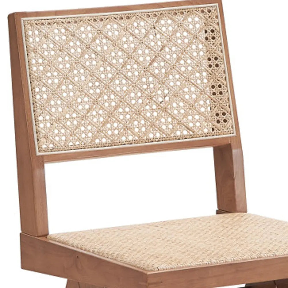Set of Two Natural Solid Wood and Rattan Open Back Dining Side Chairs Homeroots Kitchen & Dining