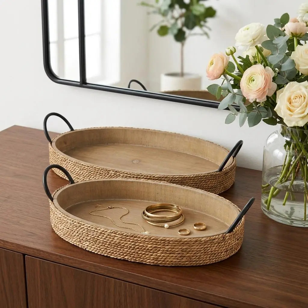 Set of Two Natural and Black Jute Metal And Solid Wood Oval Serving Trays With Handles Homeroots Kitchen & Dining