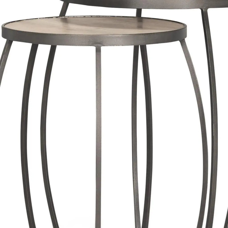 Set of Two Natural and Silver Solid Wood and Iron Round Frame Nested Tables Homeroots Living Room