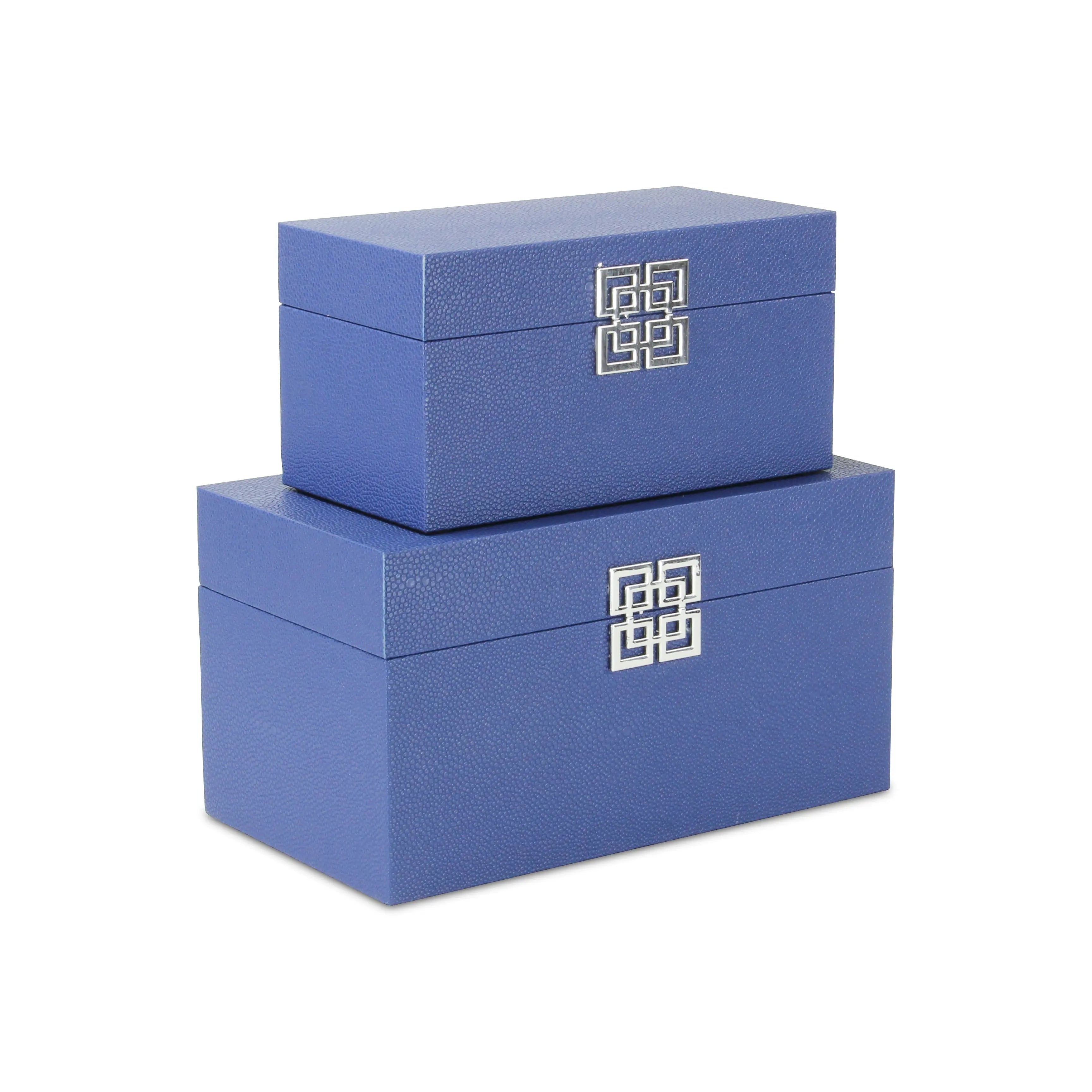 Set of Two Navy Blue Nesting Wood And Shagreen Organizing Box With Lid Homeroots Office