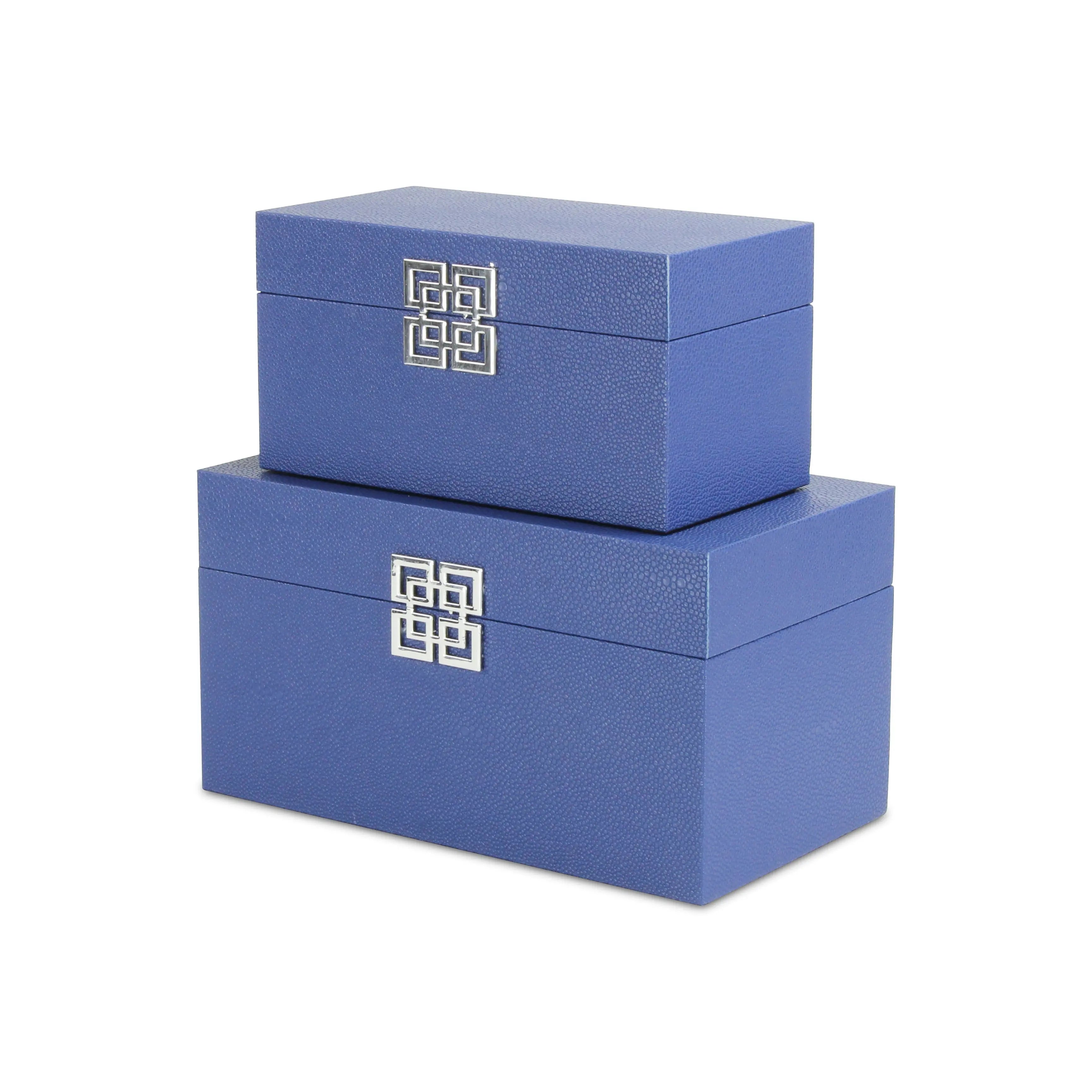 Set of Two Navy Blue Nesting Wood And Shagreen Organizing Box With Lid Homeroots Office