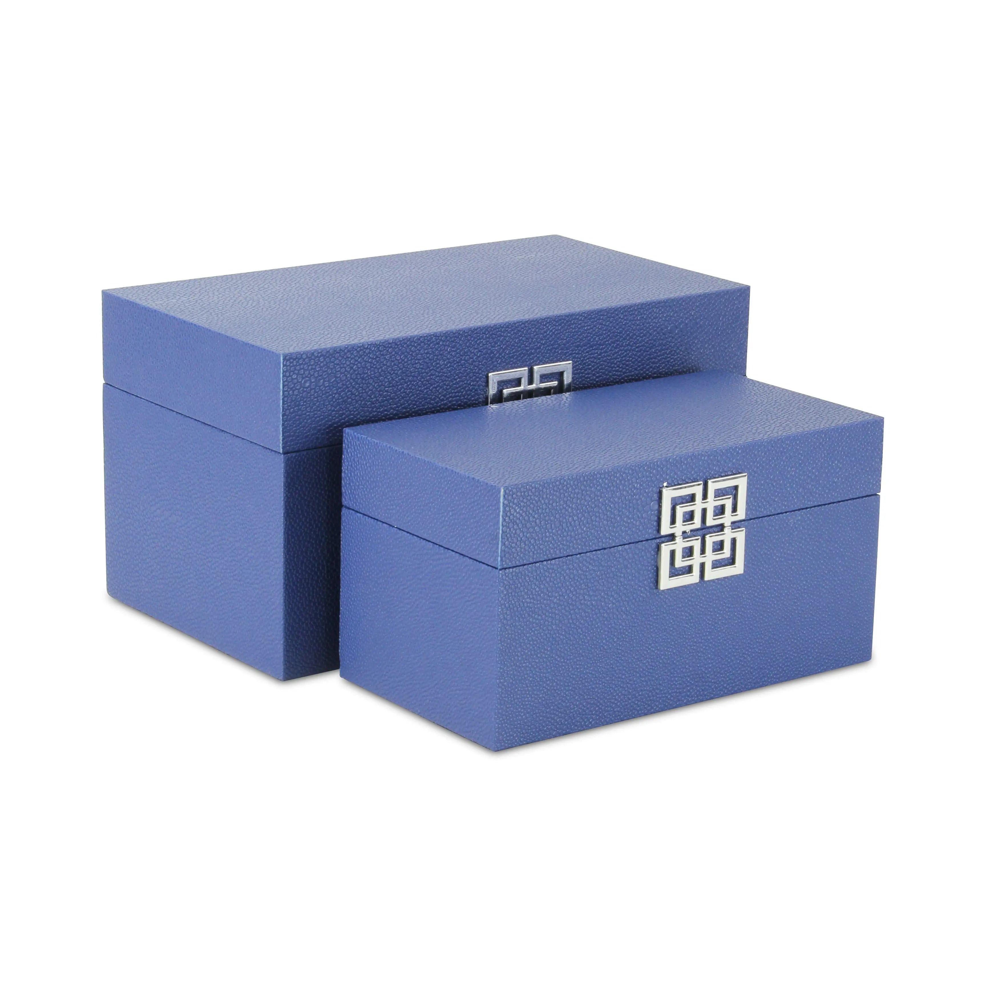 Set of Two Navy Blue Nesting Wood And Shagreen Organizing Box With Lid Homeroots Office